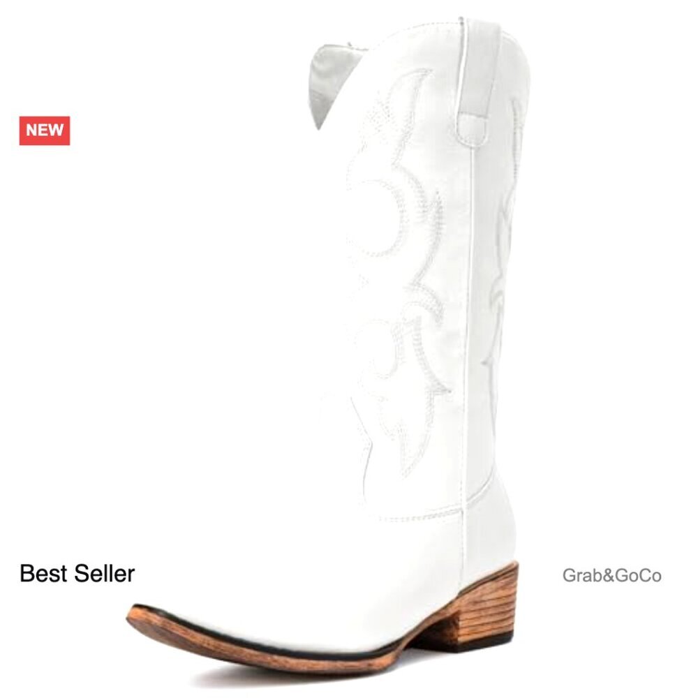 Embroidered Cowgirl Boots Western Chunky Heel Pointed Toe Mid Calf Fashion - Picture 4 of 7